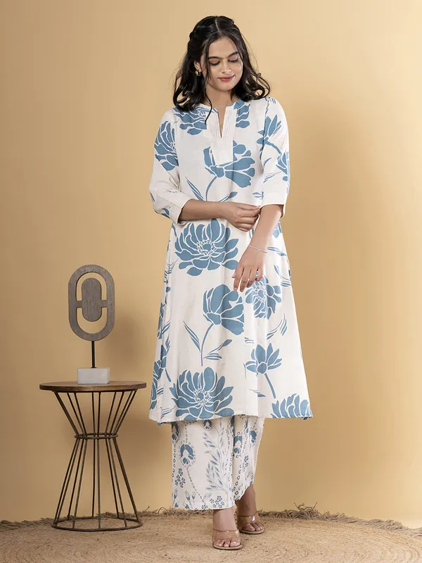 Off white and grey cotton silk printed kurti palazzo set