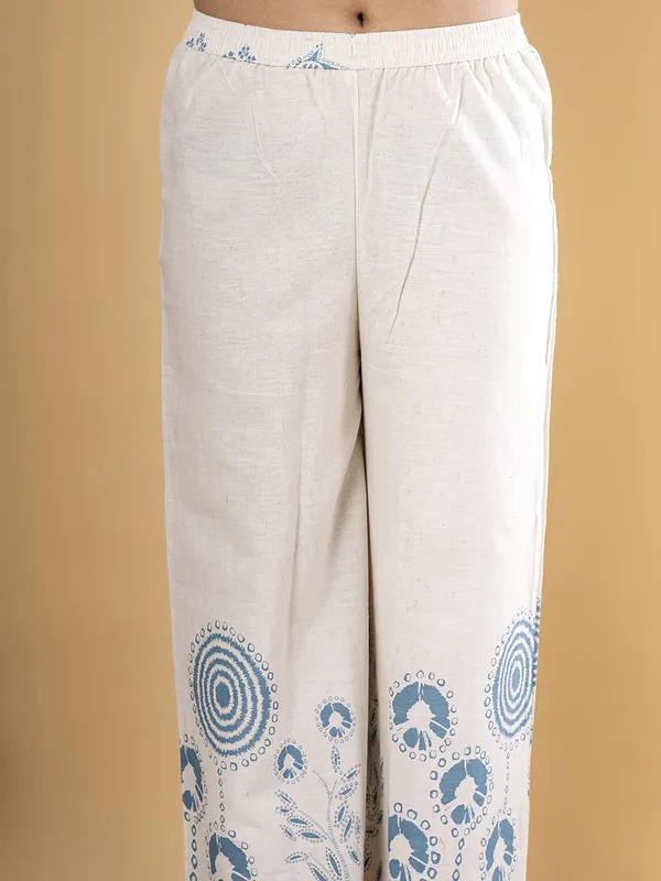 Off white and grey cotton silk printed kurti palazzo set