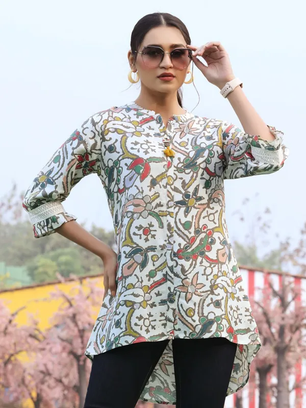 Off white and grey cotton tunic top