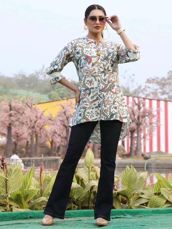 Off white and grey cotton tunic top