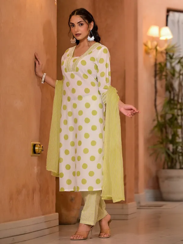 Off white and light green cotton kurti set with dupatta