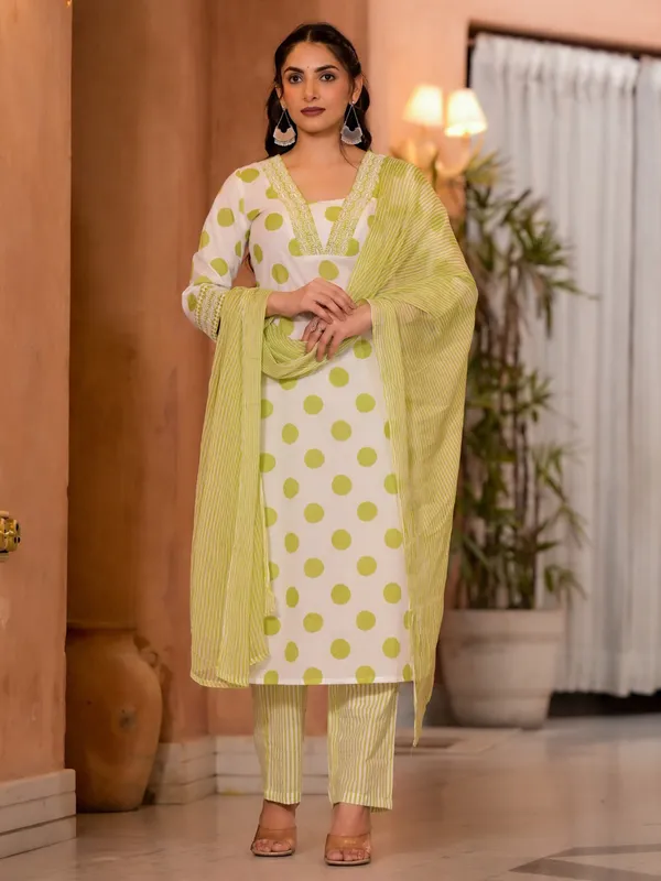 Off white and light green cotton kurti set with dupatta