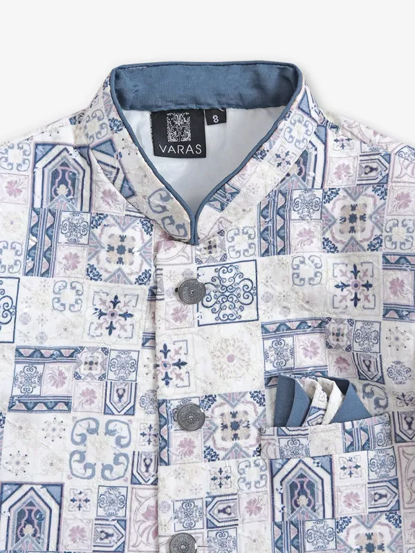 Off-white and navy printed silk indowestern