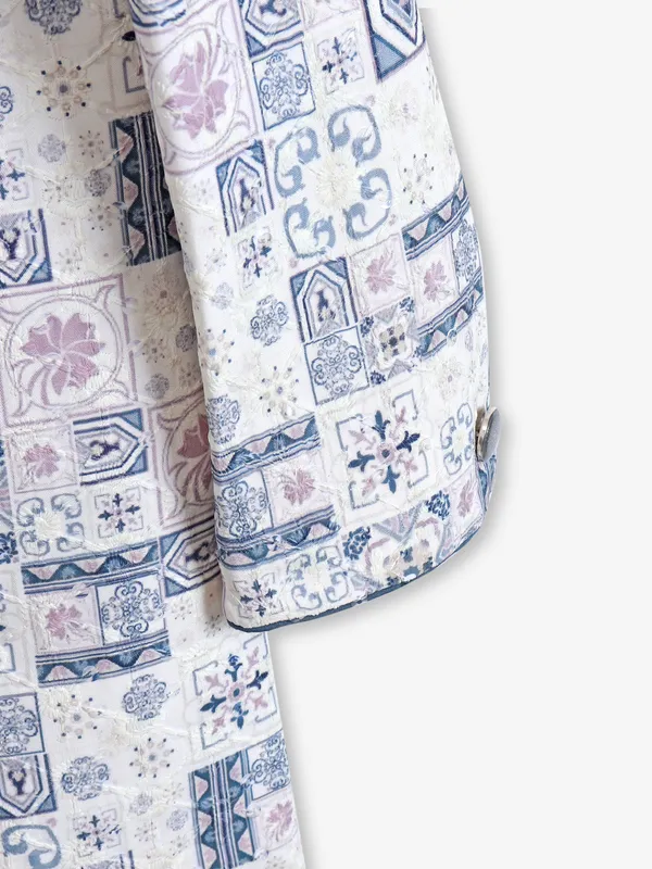 Off-white and navy printed silk indowestern