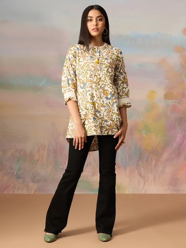 Off white and olive printed tunic top