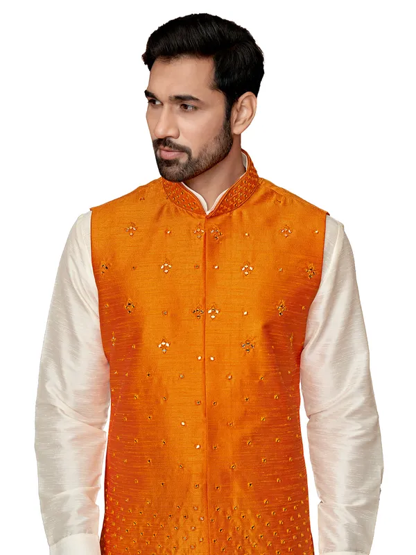 Off white and orange silk waistcoat set