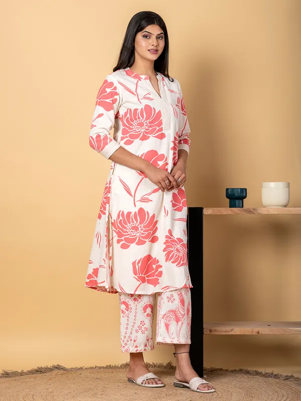 Off white and peach cotton silk printed kurti palazzo set