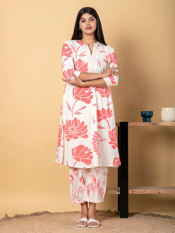 Off white and peach cotton silk printed kurti palazzo set