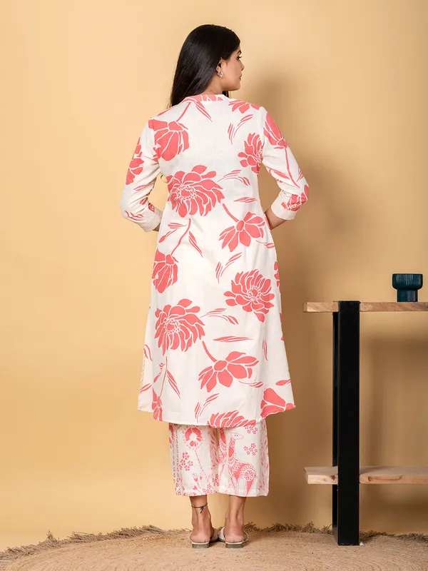 Off white and peach cotton silk printed kurti palazzo set