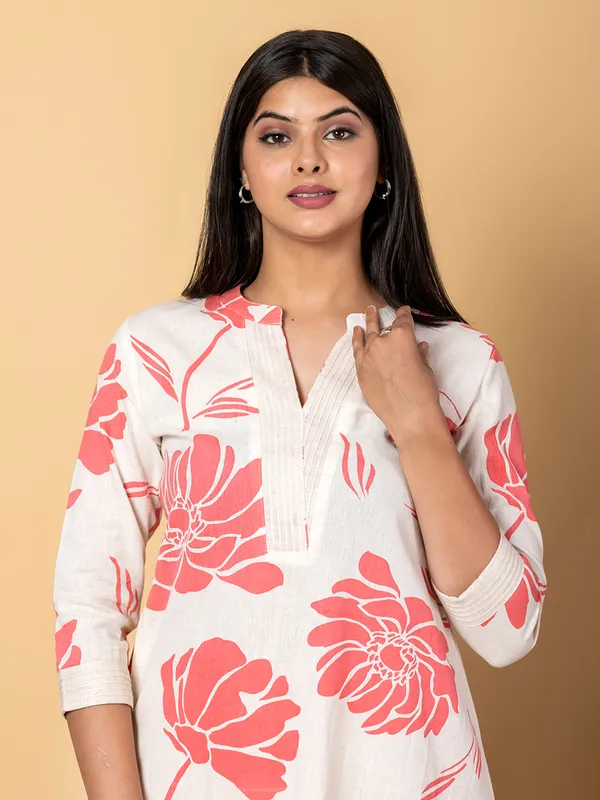 Off white and peach cotton silk printed kurti palazzo set