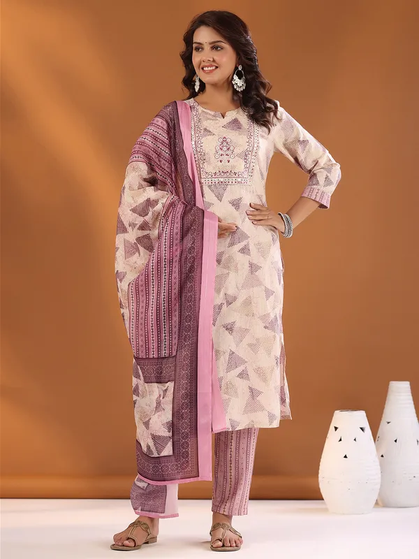 Off white and pink cotton kurti set
