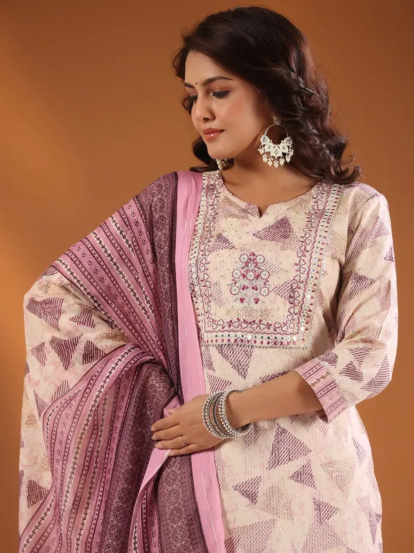 Off white and pink cotton kurti set
