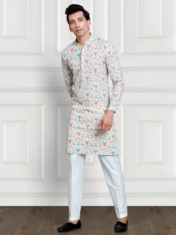 Off white and pink rayon cotton printed  Men Kurta pajama