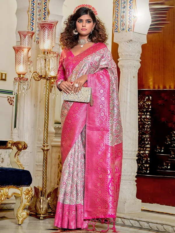 Off white and pink silk saree