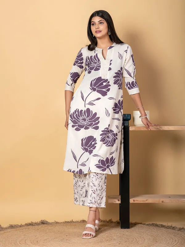 Off white and purple cotton silk kurti palazzo set