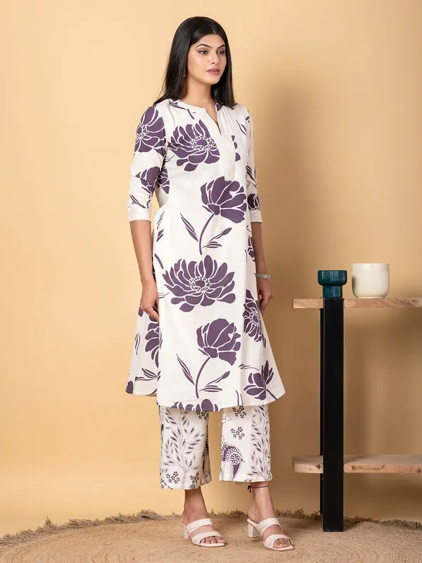 Off white and purple cotton silk kurti palazzo set