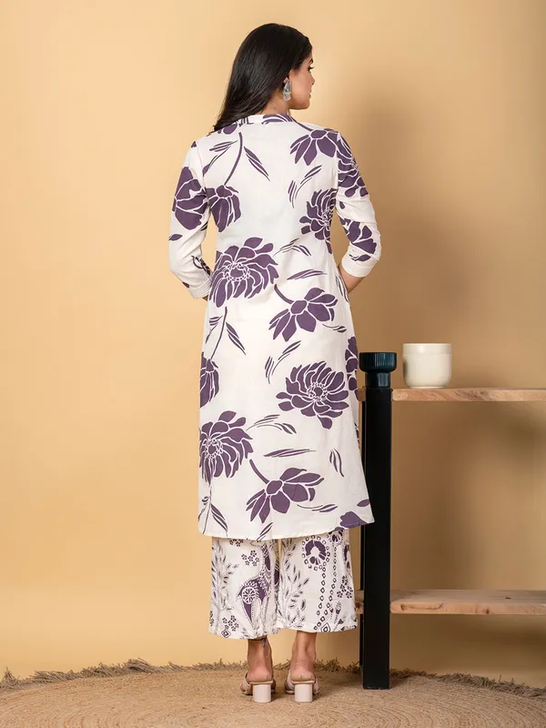 Off white and purple cotton silk kurti palazzo set