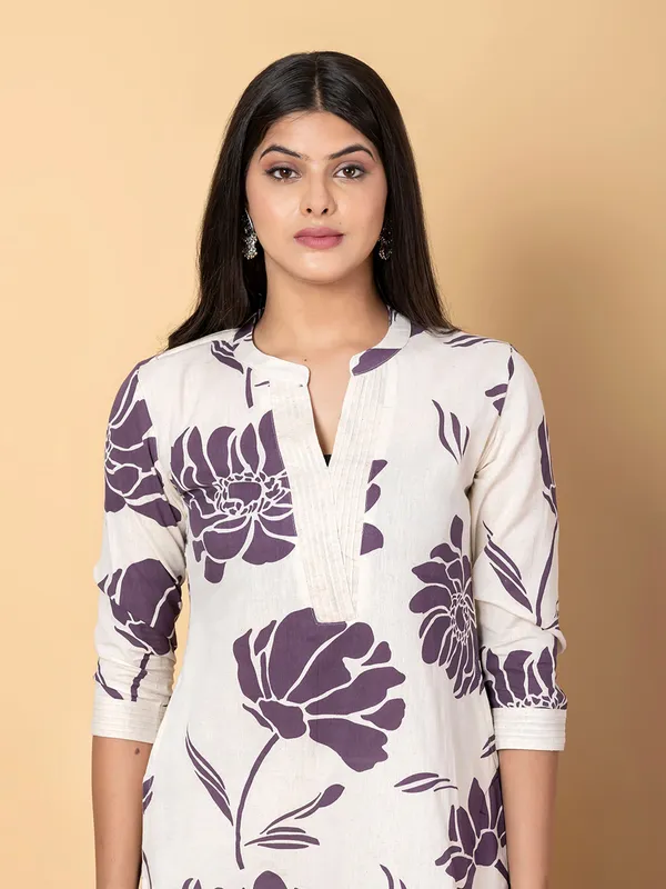 Off white and purple cotton silk kurti palazzo set