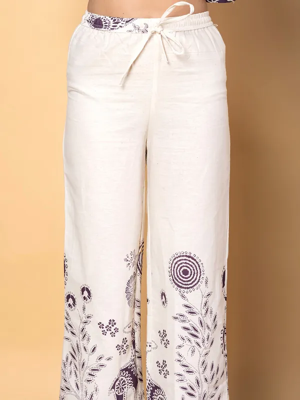 Off white and purple cotton silk kurti palazzo set