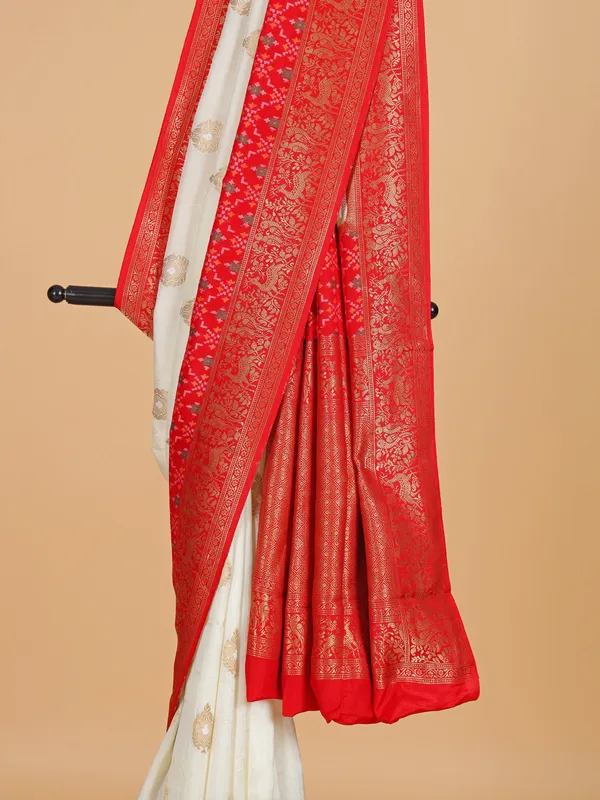Off-white and red patola silk saree for wedding wear