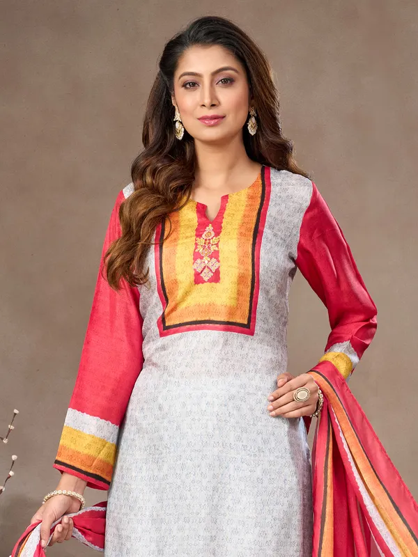 Off white and red silk salwar suit with sweetheart neck