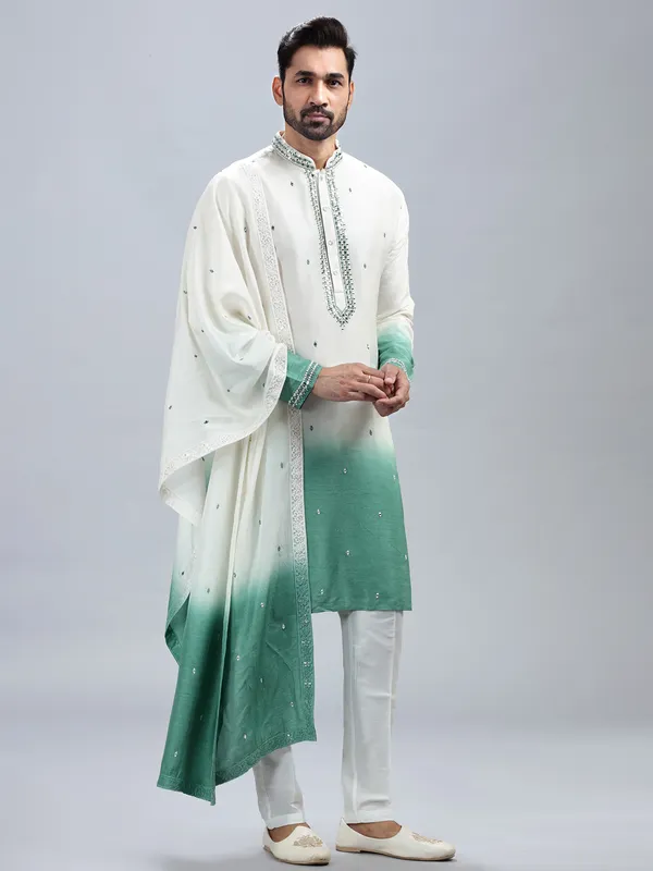 Off white and sea green ombre style kurta set with dupatta
