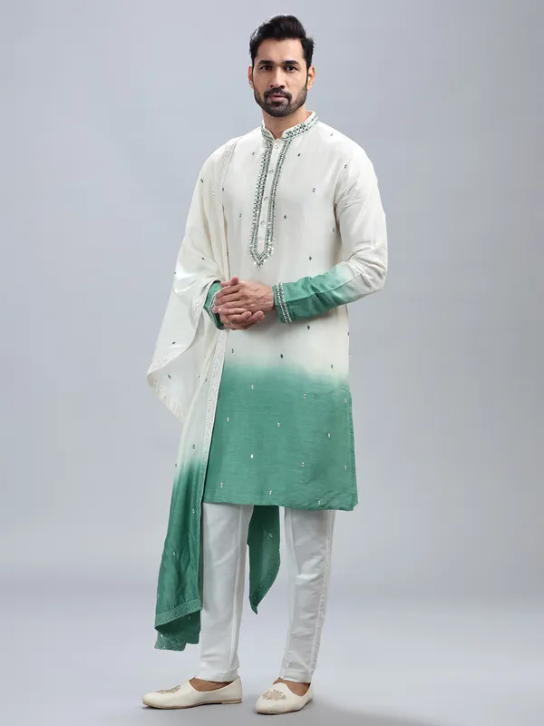 Off white and sea green ombre style kurta set with dupatta