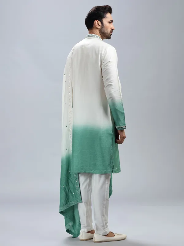 Off white and sea green ombre style kurta set with dupatta