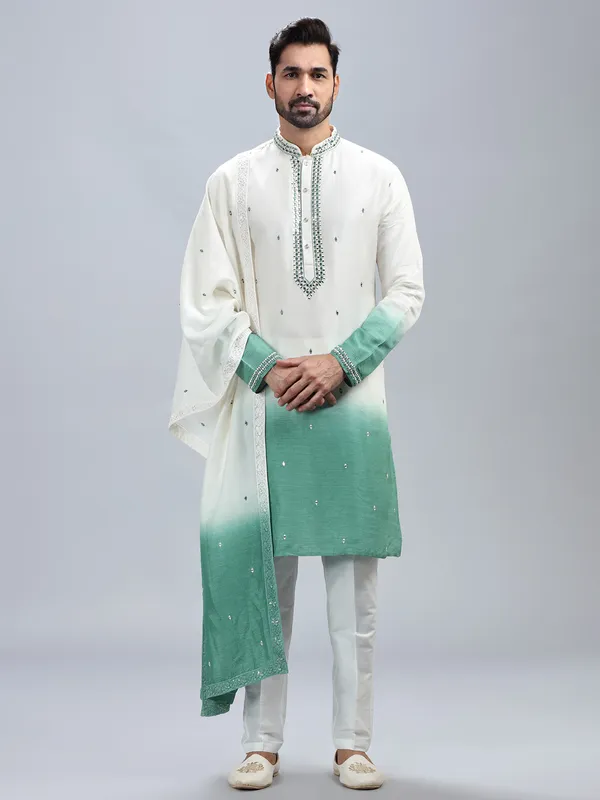 Off white and sea green ombre style kurta set with dupatta