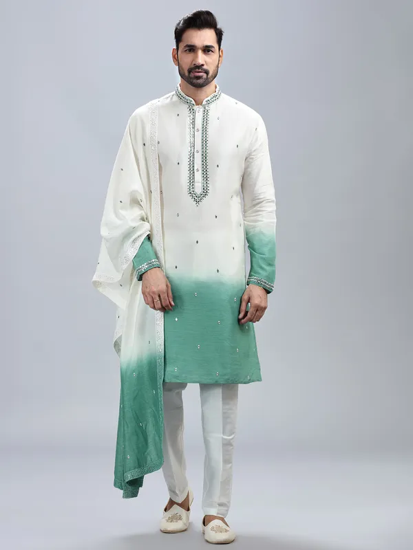 Off white and sea green ombre style kurta set with dupatta