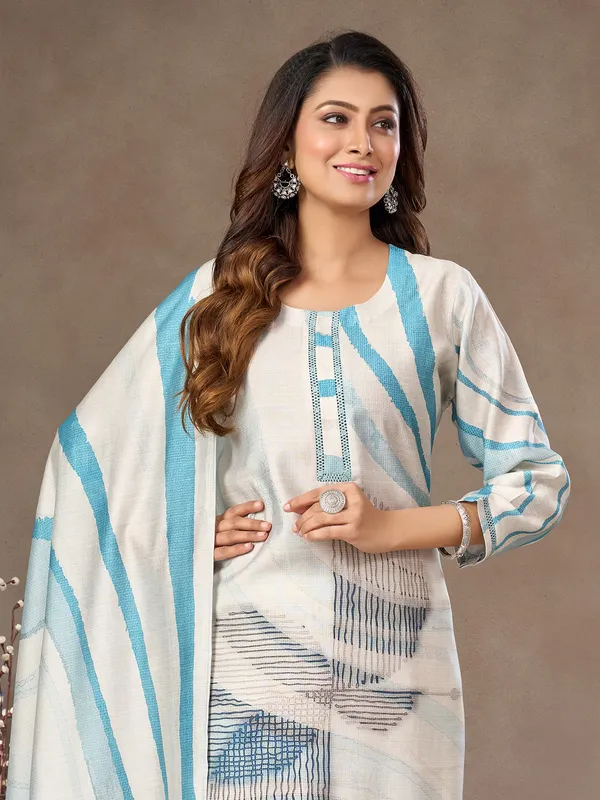 Off white and sky blue cotton silk printed salwar suit