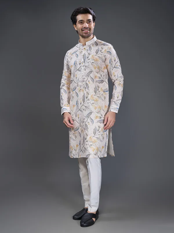 Off white and yellow printed cotton kurta suit