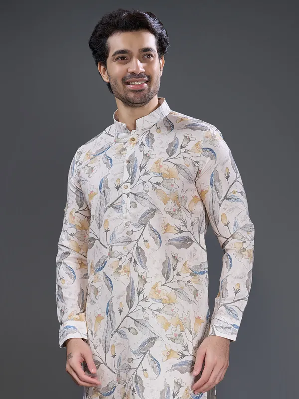 Off white and yellow printed cotton kurta suit