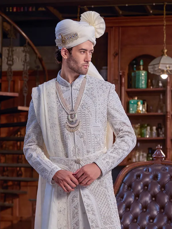 Off white art silk sherwani with belt