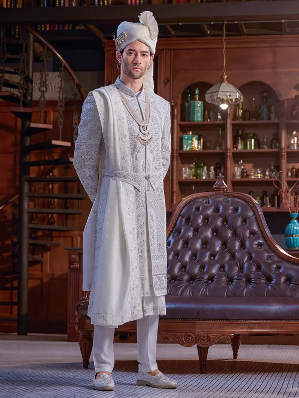 Off white art silk sherwani with belt
