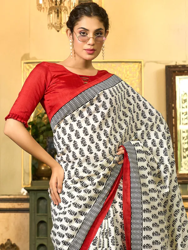 Off white bhagalpuri silk saree in printed
