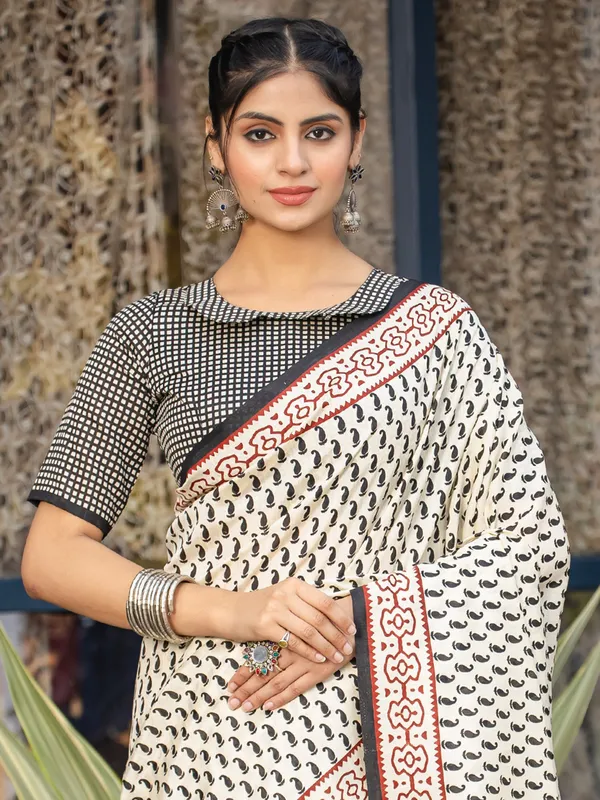 Off white bhagalpuri silk saree with attractive print