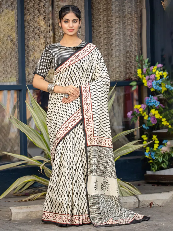 Off white bhagalpuri silk saree with attractive print
