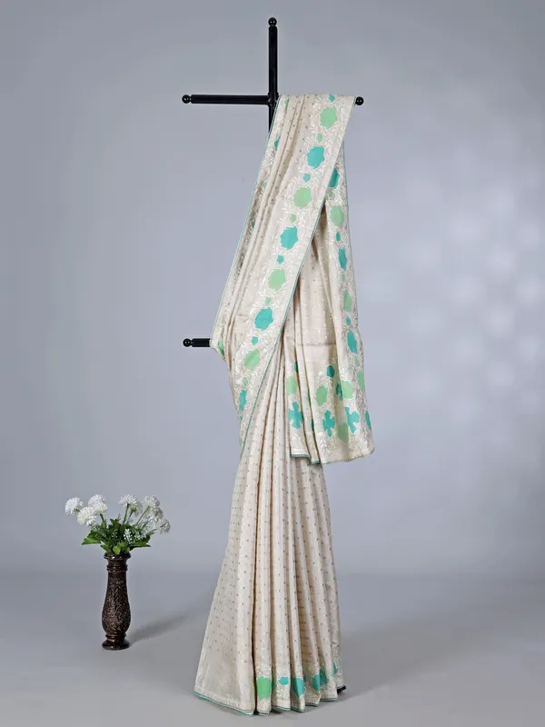 Off white blue semi silk saree with zari and embroidery touch
