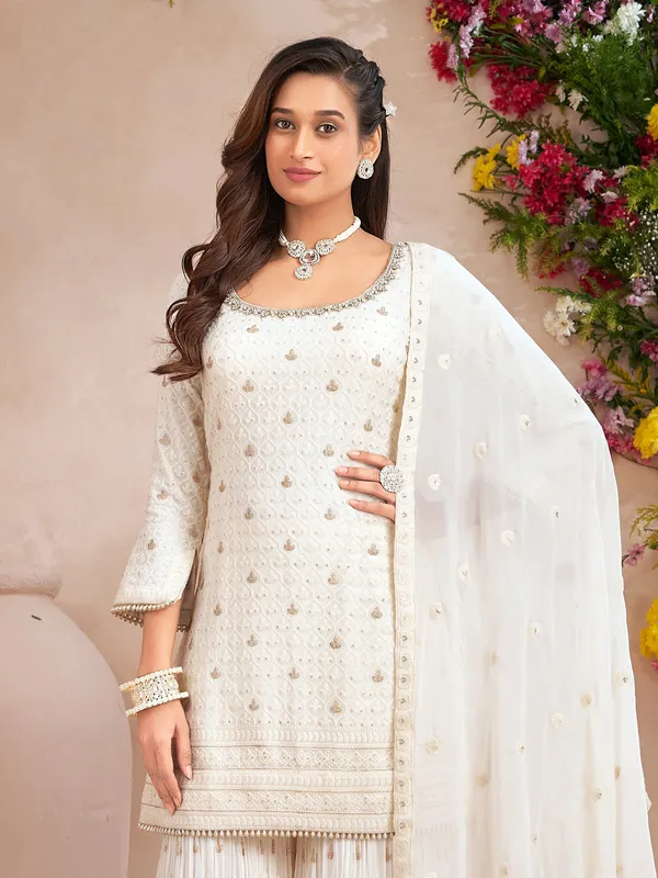 Off white chiffon georgette palazzo suit