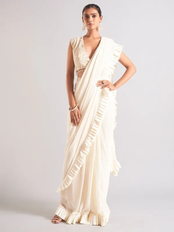 Off-white chiffon saree for reception
