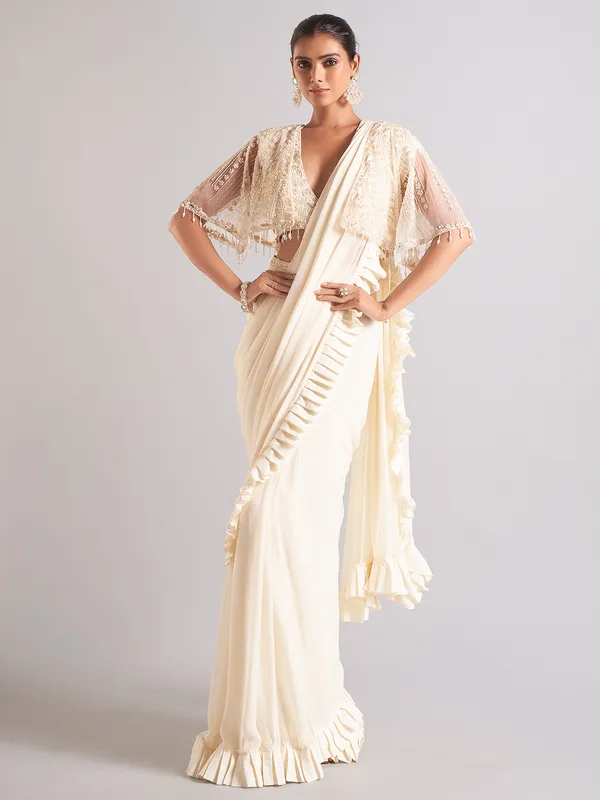 Off-white chiffon saree for reception