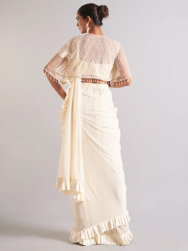 Off-white chiffon saree for reception