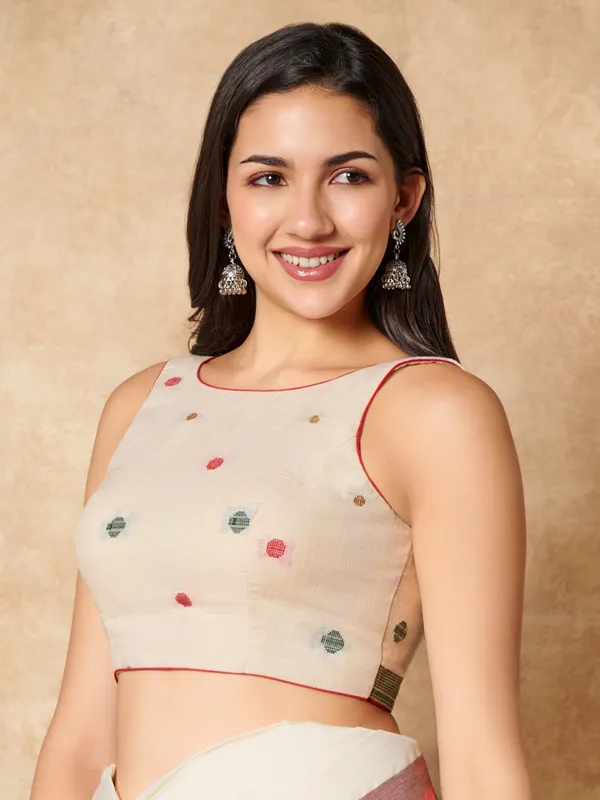 Off white cotton boat neck ready made blouse