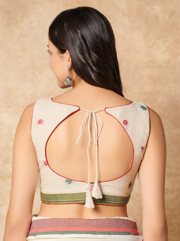 Off white cotton boat neck ready made blouse