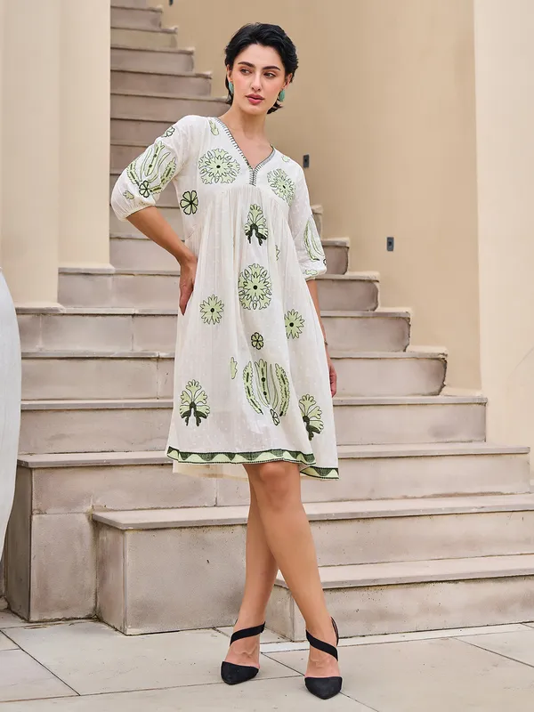 Off white cotton embroidered kurti with V neck