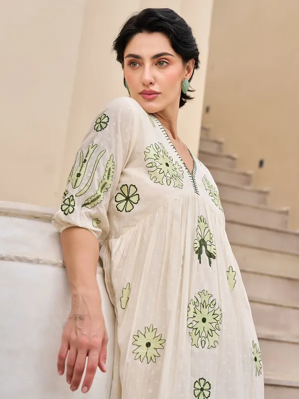Off white cotton embroidered kurti with V neck