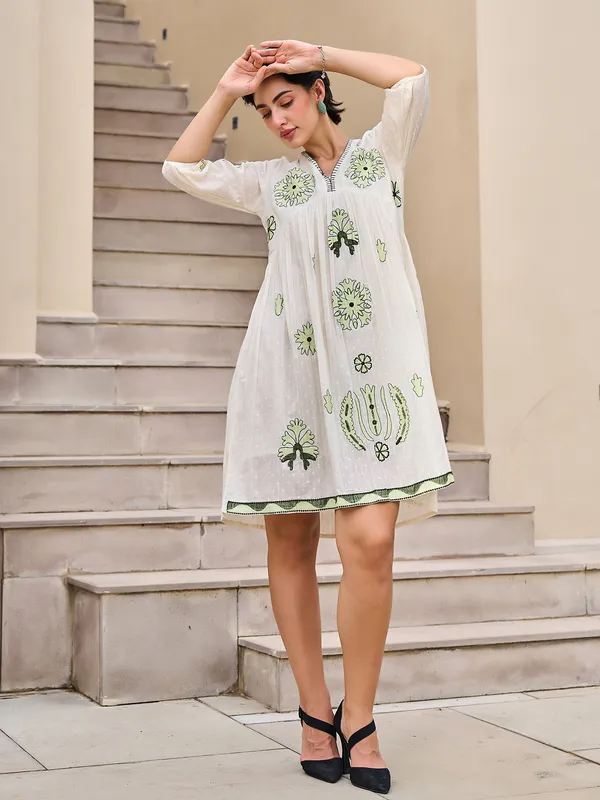 Off white cotton embroidered kurti with V neck