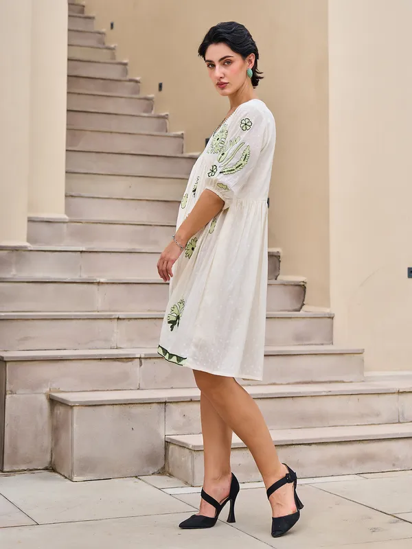 Off white cotton embroidered kurti with V neck