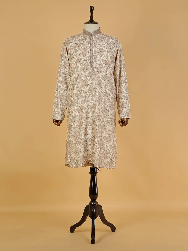 Off-white cotton floral printed  Men Kurta pajama